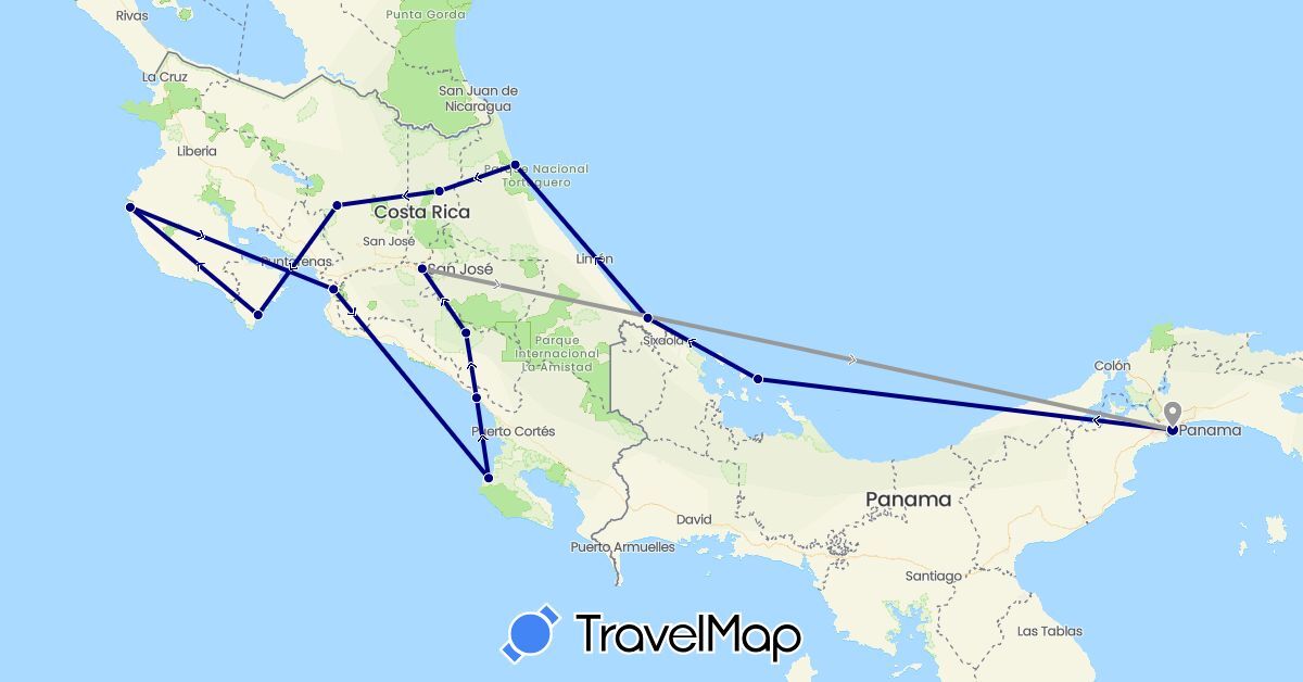 TravelMap itinerary: driving, plane in Costa Rica, Panama (North America)